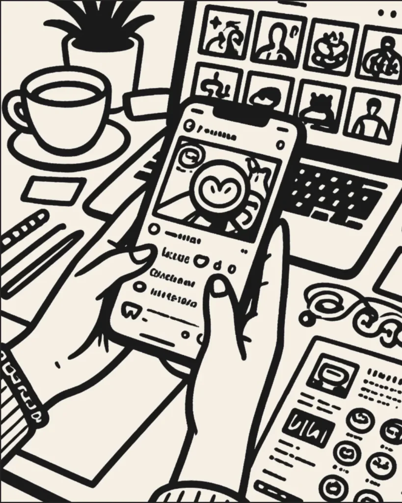 line art of someone posting on social media by the Best Freelance Digital Marketer in Thrissur